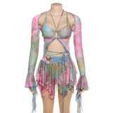 Pbong  3 Piece Set Fairy Y2K Tie Dye Print Chest Wrap Backless Bandage Halter Tops Flared Long Sleeve Shrug T Shirt Pleated Mini Skirt