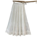 Pbong  White Embroidered Lace Cotton High Waist Midi Skirt Slimming Splice Cake Style Half-length Women's Spring Summer New Fashion