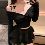 Sexy Two Piece Patchwork Lace Tops Front Cross Pleated Design Short Girl Harajuku Vintage Punk Shirtsy2k Aesthetic Clothes