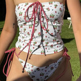 Cute Stberry Print Bikini Top Women's Summer Dstring Two-Piece Pure Desire Belly Covering Slimming Swimsuit