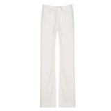 Pbong  Basic Solid Low-Waisted Ribbed Knitted Pants Casual Loose Drawstring Wide Leg Pants Soft Comfy Lounge Wear Trousers Streetwear