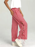 Pbong  Women Plaid Wide Leg Pants Side Tie-Up Hollow-Out Loose Straight Trousers Bottoms Spring Summer Fashion Casual Sweatpants
