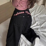 Pbong  Women's Sweet Casual Full Length Baggy Denim Trouser Retro Emo Harajuku Loose Jeans Letter Embroidery High Waist Y2K 2000s Pants