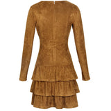 BornToGirl Women Spring Autumn Winter Vintage Casual Thick Long Sleeve O Neck Slim High Waist Black Brown Suede Cake Dresses