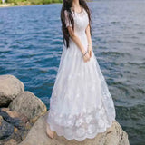 Pbong  Spring Summer New Lace Dress Women's White Square Neck Temperament Simple Fashion A-line High Waisted Fairy Beach Dresses