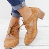 Pbong  Spring Autumn Women's High Heels Retro Nail Hole Carved Brogues Heels Fashion Round Toe Block Heel Lace-up Dress Shoes