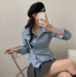 Fashion Slim Striped Shirt Women Elegant Korean Long Sleeve Blouse Casual Irregular Female Spring Sweet Chic All Match Top