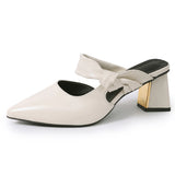 Pbong  Black Pointed Toe High Heel Mules, Wide Bow Knot Backless Sandals, Gold Accent Block Heel Dressy Shoes for Women