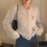 Vintage Temperament Bead Sweater Women Autumn Winter Tops O Neck Knitting Cropped Cardigan Korean Fashion Suéteres