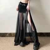 Pbong  Goth High Waist Mesh Patchwrok Mid Skirts Sexy Hem Split Ruched Bodycon Skirt E-girl Y2K Streetwear Alt Bottoms
