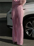 Pbong  Women Sequin Wide Leg Pants Stretchy High Waist Loose Straight Trousers Club Party Elegant Long Pants Streetwear