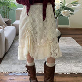 HOUZHOU Y2k Vintage Lace Skirt Women Fairycore Boho Asymmetrical Shirring Ruffle High Waist A-line Midi Skirt Harajuku Fashion