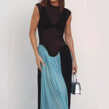 Pbong   Black Mesh Sheer Patchwork Blue Long Luxury Dress For Summer Women Vacation Clothing Vestidos Elegantes Para Mujeres