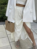 2025 New Beige Long Skirt For Women Casual Solid Color Elastic Waist Pleated Spring Summer Skirt Fashion Simple Woman Clothing