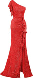 Pbong  Sequin Ruffle Formal Dresses One Shoulder Mermaid Evening Gown Sparkly Long Maxi Dress with Slit