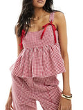 Y2k Red Gingham Tank Top Sleeveless Women Bow Tie Down Plaid Camisole Ruffle Hem Peplum Tops Summer Streetwear