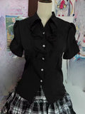 Pbong  Dark Gothic Lolita Slim Women Shirts 2000s Japanese Solid Elegant Tops Y2k Harajuku Vintage Hot Girl Short Sleeve Blouses Summer