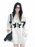 Faux Mink Cashmere Y2K Cardigan Sweater Women Streetwear American Vintage Knitted Hooded Jackets Hip Hop Star Letter Bf Tops New
