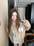 Sweet Bow Korean Jacket Women Fall Preppy Style Cute Long Sleeve Coat Vintage Casual O Neck Loose Female Pockets Tops New