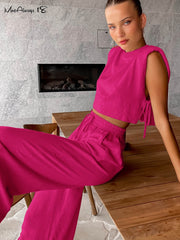 Summer Khaki Cotton Linen Pants Sets Women Two Pieces Fashion Lace-Up Crop Tops Vacation Wide Legs Long Pants Suits