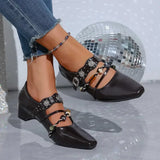 Pbong  British Vintage Beaded Mary Janes Shoes for Woman Spring Square Toe Metal Ankle Strap Pumps Woman Comfortable Heels Loafers