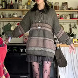 2000s Vintage Sweater Y2K Women Casual Striped Long Sleeve Round Neck Preppy Style Pullover Tops Retro Grunge Knitwear