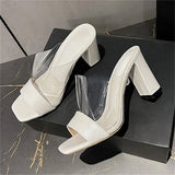 Pbong  Fashion Design Splicing PVC Transparent Open Toe Women Slippers Summer Square High Heels Party Slide Shoes