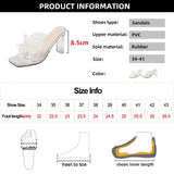Pbong  Lace Pearl Bowknot High Heel Slippers for Women Summer Square Toe Transparent Heeled pvc Sandals Woman Fashion Party Dress Shoes