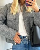 Women's Solid Aviator Jacket With Pockets Front Zipper Lapel Short Bomber Jacket Autumn Winter Casual Cropped Outerwear