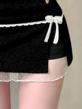 Pbong  A-Line Mini Skirt Women's Clothing Lace Patchwork Jupe Fashion Summer Saia Split Sweet Bow Y2k Skirts