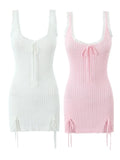 2025 New Pink White Lace Patchwork Short Dress For Women's Clothing Ruffle Square Collar Vacation Beach Summer Knit Slip Dress