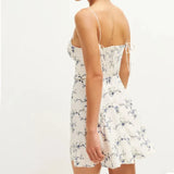 Fashion Blue Floral Print Short Dress Elastic Chest Zipper Party Beach Slip Dress 2025 New Square Collar Sweet Chic Vestidos