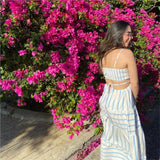 Summer New Women's Patchwork Striped Fashion Long Dress Square Collar Loose A-line Lace Up Vacation Beach Women Dresses