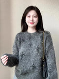 Lazy High End American Vintage O Neck Long Sleeve Sweaters Streetwear Sequin Star Print Jumpers Harajuku Y2k Girl Clothes