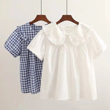 New Autumn Cotton White Shirts Women Student Sweet Tops Girl Peter Pan Collar Plaid Casual Cute Loose Blouses Spring T39132QM