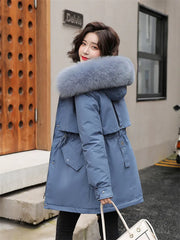Winter Coat Low Price On Sale Women Beige Add Wool Thick Warmth Fur Hooded Parkas Jacket 2023 New Fashion Belt Slim Cotton Coat