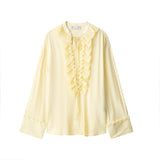 Elegant Casual Ruffles Lace-up Shirts Women Fashion Loose Long Sleeve V Neck Summer Blouse Lady Lightweight Holiday Tops 2025