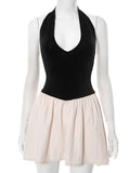 Halter V Neck Sexy Mini Dress Women Patchwork Contrast Colors Sleeveless Backless High Waist A-line Club Dress