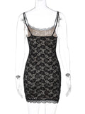 Lace Spaghetti Strap Sexy Mini Dress For Women Robe Fashion Off-shoulder Sleeveless Backless Floral Print Skinny Dress