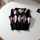Vintage Plaid Sweater Vest Women V-neck Sleeveless Tank College Style Knitting Pullovers Tops for Daily