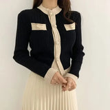 Pbong  Chic Korean round Neck Single Button Slim Fit Knit Sweater + High Waist Pleated Mini Skirt Women's Fashion Winter Outfit