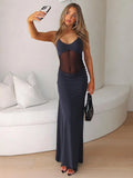Halter Backless Sexy Maxi Dress Women Gown Mesh Patchwork Sleeveless High Waist Slim Elegant Long Dress Fashion