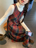 Winter Plaid A-line Skirt Women Clothing Woolen Vest Dress Sweet Age Reduction Vintage Dresses Korean Fashion Vestidos