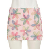 Pbong  Holiday Flower Textured Short Slimming Skirts Women Summer Low Waist All Match Mesh Patchwork Mini Skirt Y2K Aesthetics