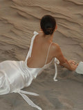 Elegant White Satin Backless Maxi Dress For Women Sexy Bodycon Sleeveless Tassels Pleated Long Dresses Vocation Beach Party Robe