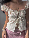 Women's Floral Print Tops Cap Sleeve Tie-up Front Slim Fit Frill Shirts Summer Cropped Blouses Y2K Clothes