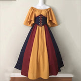 Pbong  Halloween Costumes for Women Medieval Retro Contrasting Color Slim Swing Dress One-word Shoulder Dress Love Live Cosplay