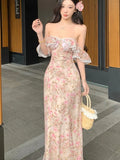 Women Sexy Slash Neck Holiday Flower Print Maxi Dresses Summer Ruffles Sleeve Slim Dress Elegant Backless Long Robe Vestidos New
