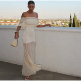 Mesh Patchwork Strapless Sexy Maxi Dress For Women Fashion Off-shoulder Backless High Waist Ruched Slim Party Dress Summer 2025