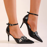 Pbong  Pointed-toe buckle strap leather belt fastening stiletto heel pumps Punk-inspired minimalist versatile vacation party women's